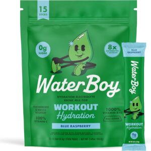 Waterboy Workout Hydration | 2,960mg Sugar Free Electrolyte Powder Packets | L-Glutamine + Vitamins | No Sugar, All Natural, Gluten Free | 15 Drink Stick Mixes (Blue Raspberry)