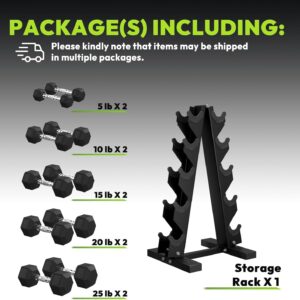 Hex Weights Dumbbells Set with Rack, 75-550 lb Rubber Coated Dumbbell Sets with Storage, Free Hand Weight for Strength Training, Exercise, Fitness, Home, Gym, Heavy Duty