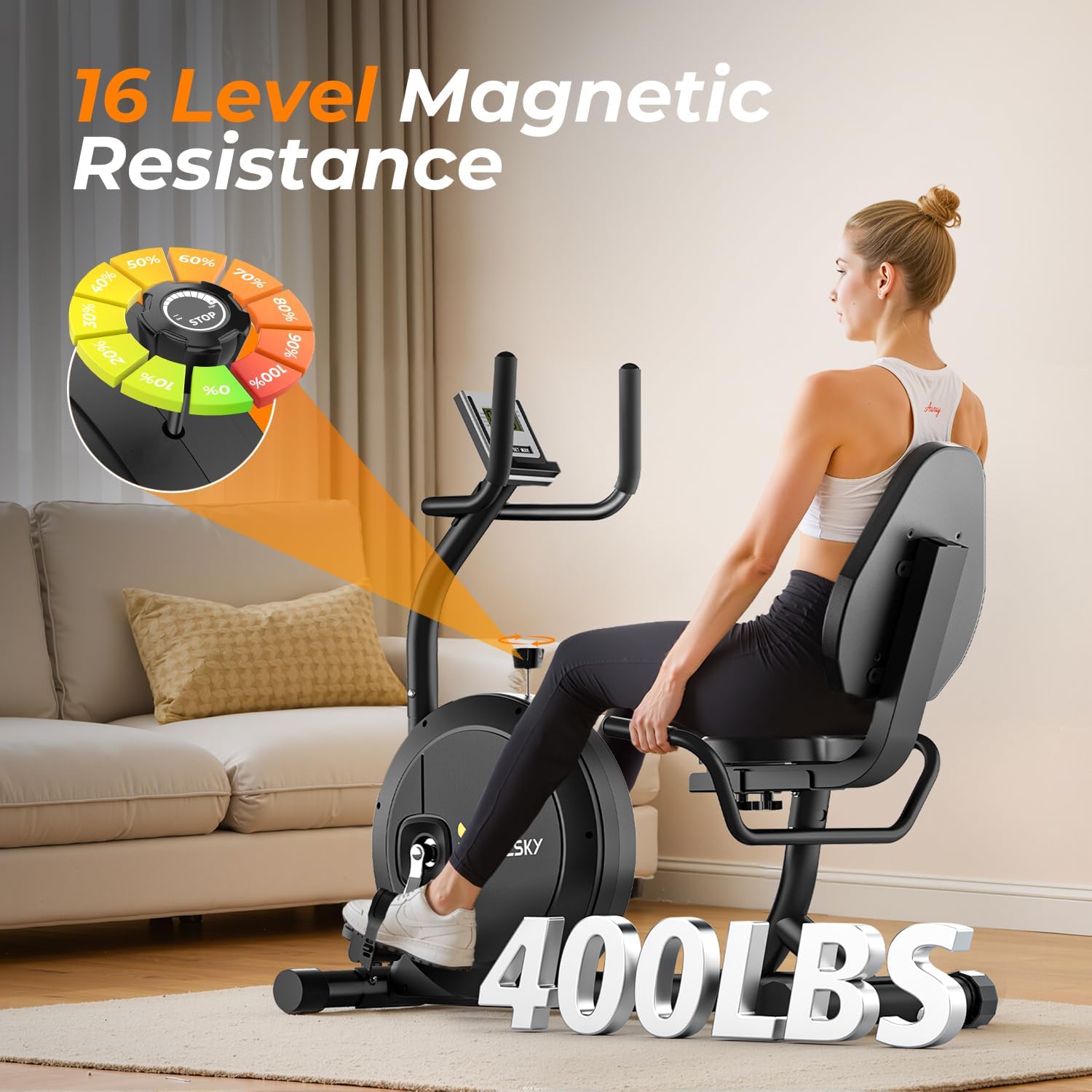 OWLSKY Recumbent Exercise Bike for Home Gym, Magnetic Stationary Bike with 16-Level Resistance, Quiet 15LBS Flywheel, 400LBS Capacity, Low-Impact Cardio & Physical Therapy - Image 3