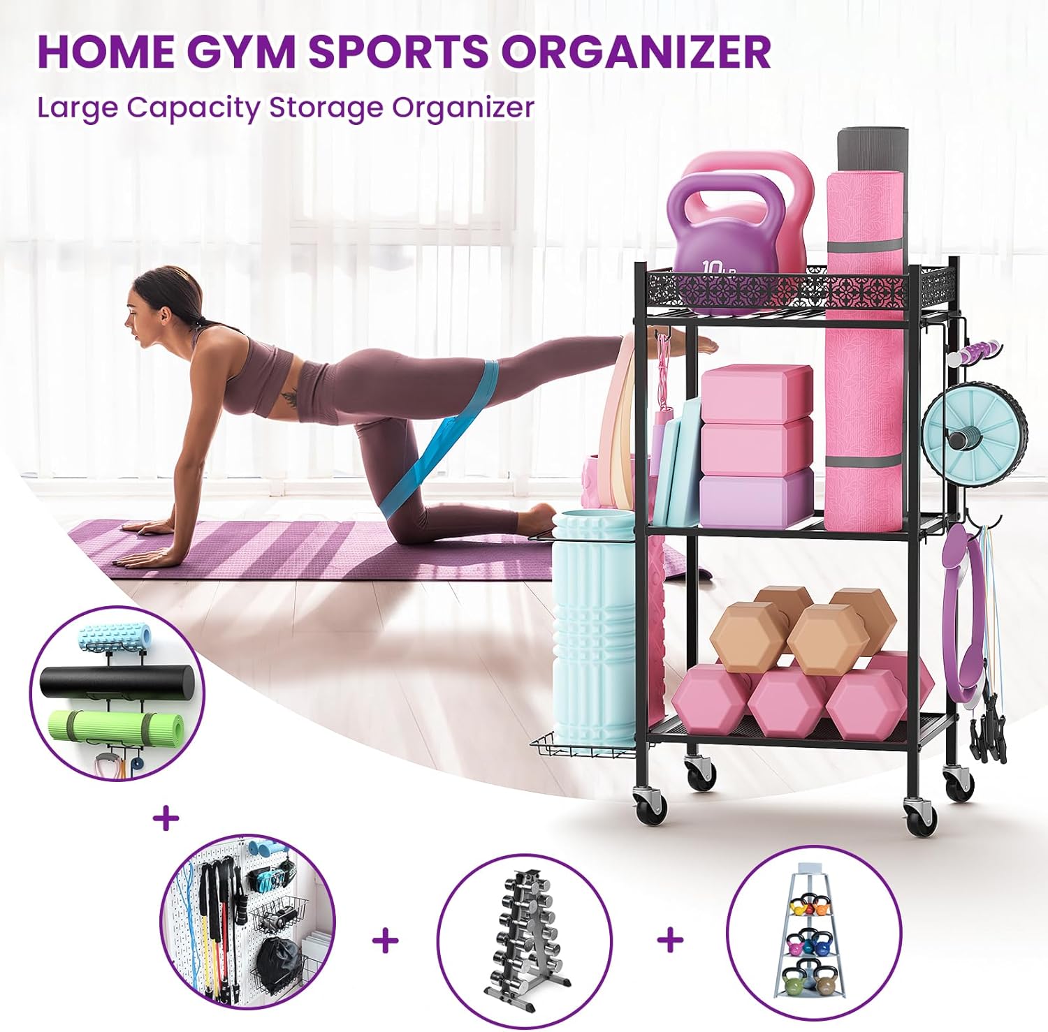 Yoga Mat Storage Rack, Home Gym Storage Rack, VOPEAK Workout Storage for Yoga Mat, Foam Roller, Gym Organizer Gym Equipment Storage for Home Exercise and Fitness Gear - Image 2