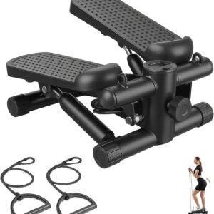 Mini Stair Steppers with Resistance Bands for Exercise at Home, Portable Exercise Twist Stepper Machine for Full Body Workout, Hydraulic Fitness Stepper with LCD Monitor，Black