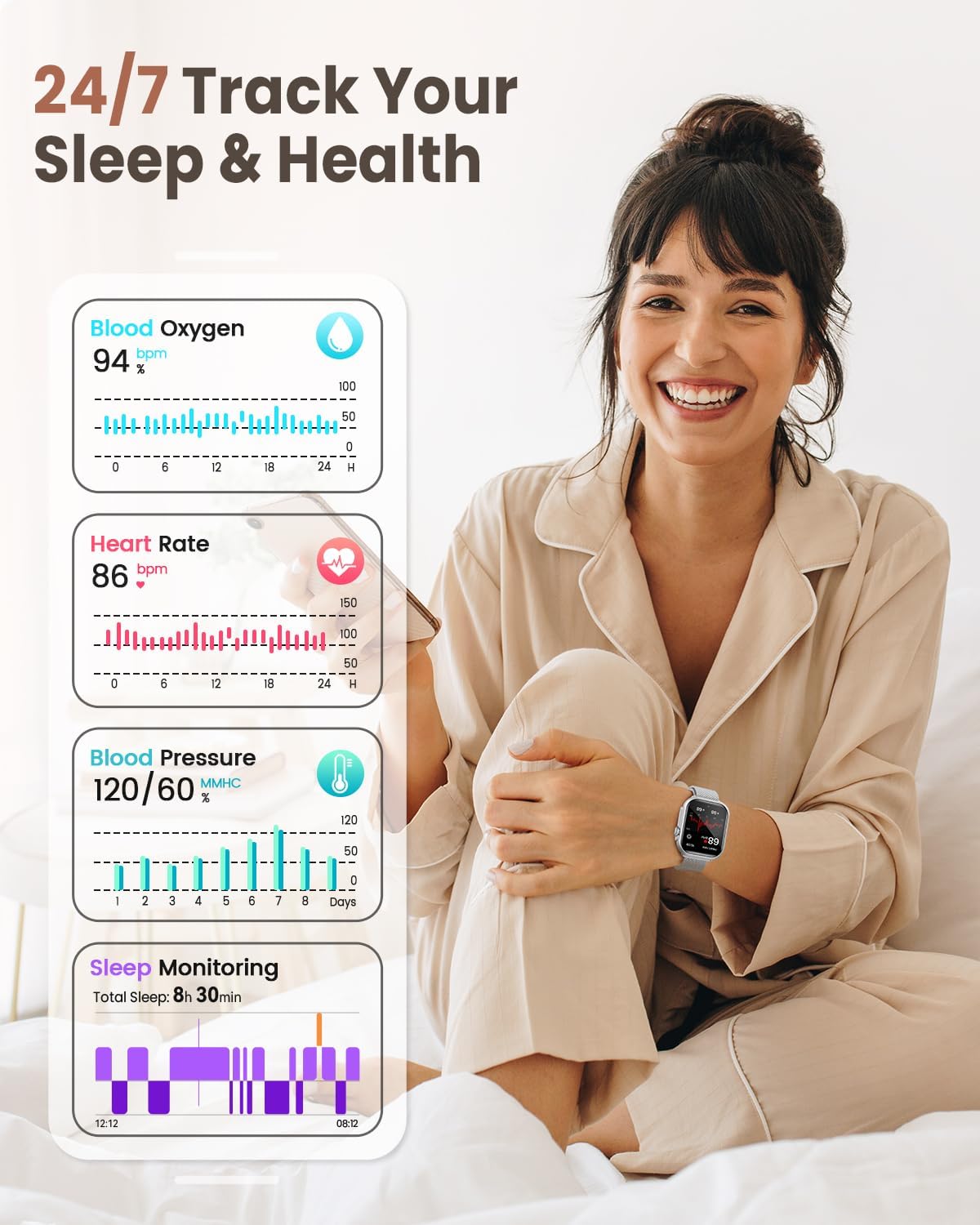 1.83" HD Smart Watch, 30 Days Battery Life, Sleep/Heart Rate/SpO2/Blood Pressure Monitor, Calls/Messages/Notifications, 5ATM 110+ Sports Modes Fitness Tracker Watch, for Women & Men/ Android & iPhone - Image 4