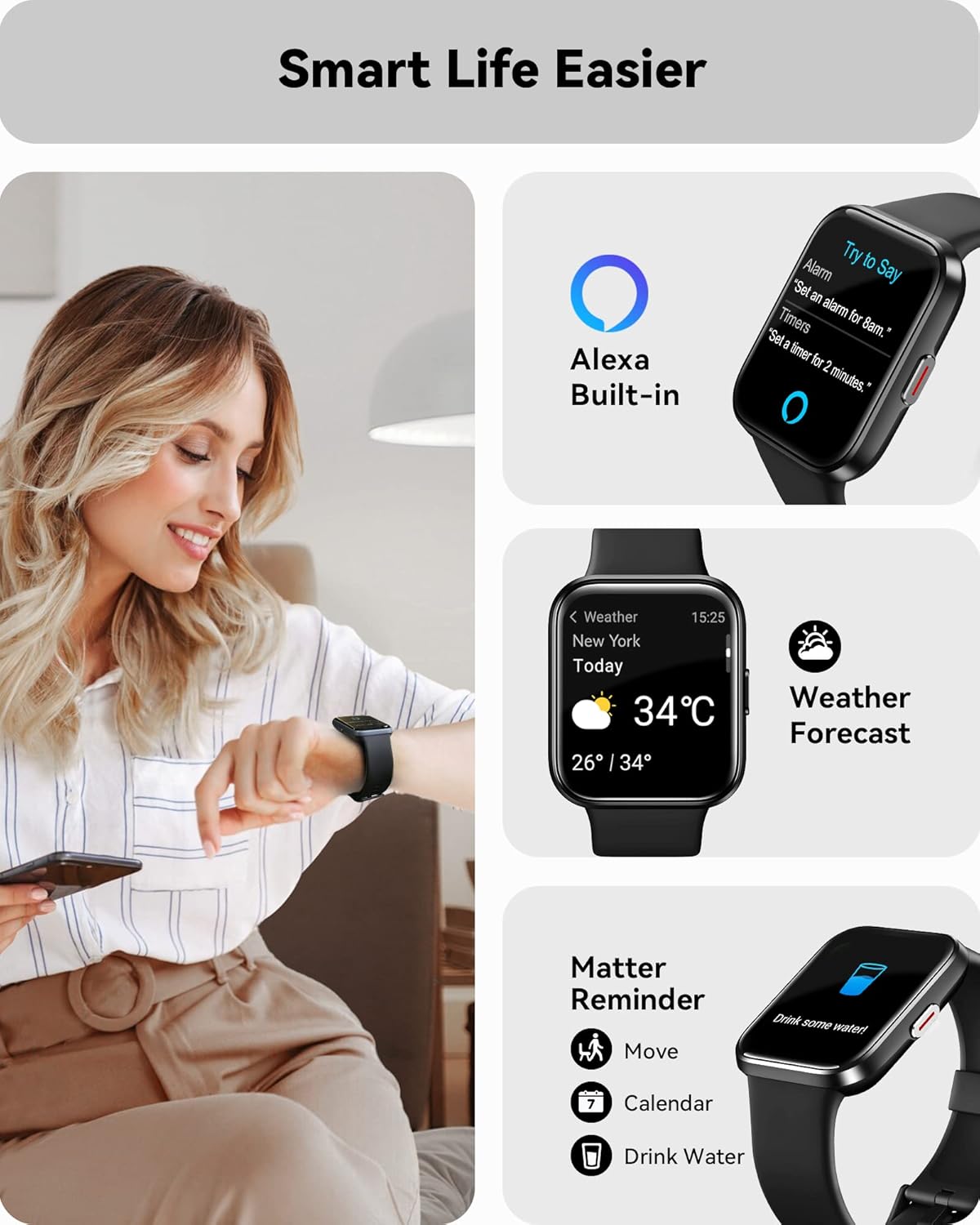 ENOMIR Smart Watch for Men Women(Answer/Make Call), Alexa Built-in,Fitness with Heart Rate SpO2 Sleep Monitor 100 Sports 5ATM Waterproof Activity Trackers and iOS&Android Phones, Black - Image 3