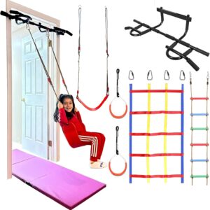 Deluxe Doorway Gym for Kids, 6 Piece Indoor Sensory Swing Set Playground + Pull Up Bar, Swing Seat, Climbing Cargo Net, 2X Gymnastics Trapeze Rings, Rope Ladder, 300 lbs Capacity