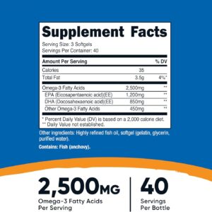 Nutricost Omega 3 Fish Oil – 2500MG, 120 Softgels (40 Serv) – Fish Oil, Wild Caught! 1200mg EPA 850mg DHA – Non-GMO, Gluten Free
