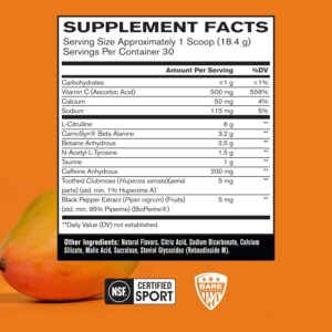 BARE PERFORMANCE NUTRITION BPN Flight Pre Workout, Supports Energy and Mental Focus, Improved Endurance & Muscle Pumps with CarnoSyn® Beta Alanine, Mango, 30 Servings