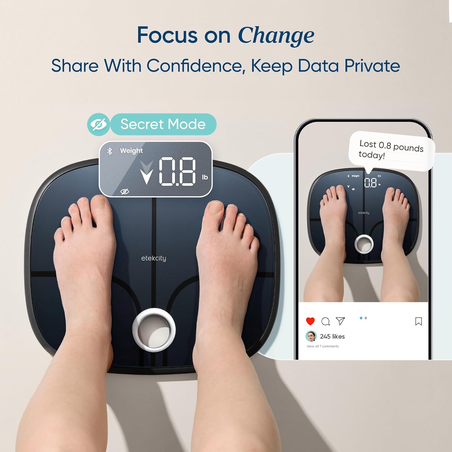Etekcity Smart Rechargeable Scale for Body Weight, BMI, Fat, Muscle Mass, Digital Bathroom Scale with 13 Metrics, Secret Mode, Bluetooth Connect to Free Apps, Stealth Black - Image 5