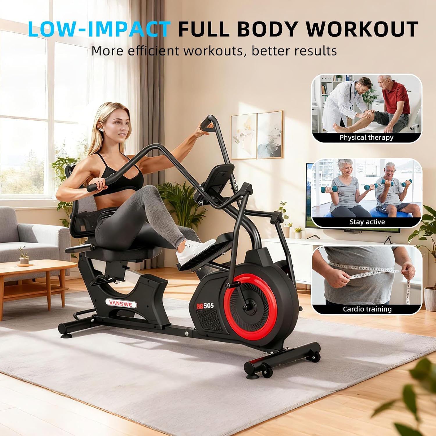 VANSWE Recumbent Elliptical Cross Trainer – Full-Body Low-Impact Recumbent Exercise Bike with Bluetooth App, Magnetic Resistance, Quiet Belt Drive for Seniors & Home Rehab - Image 6