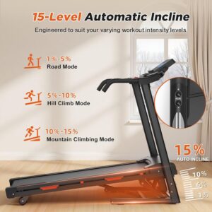 8.5 MPH Treadmills with 15% Auto Incline, 3.25 HP Walking Pad Treadmill with Handle Bar, 400 lbs Capacity, Folding Running Machine for Home with Digital LED Display & App