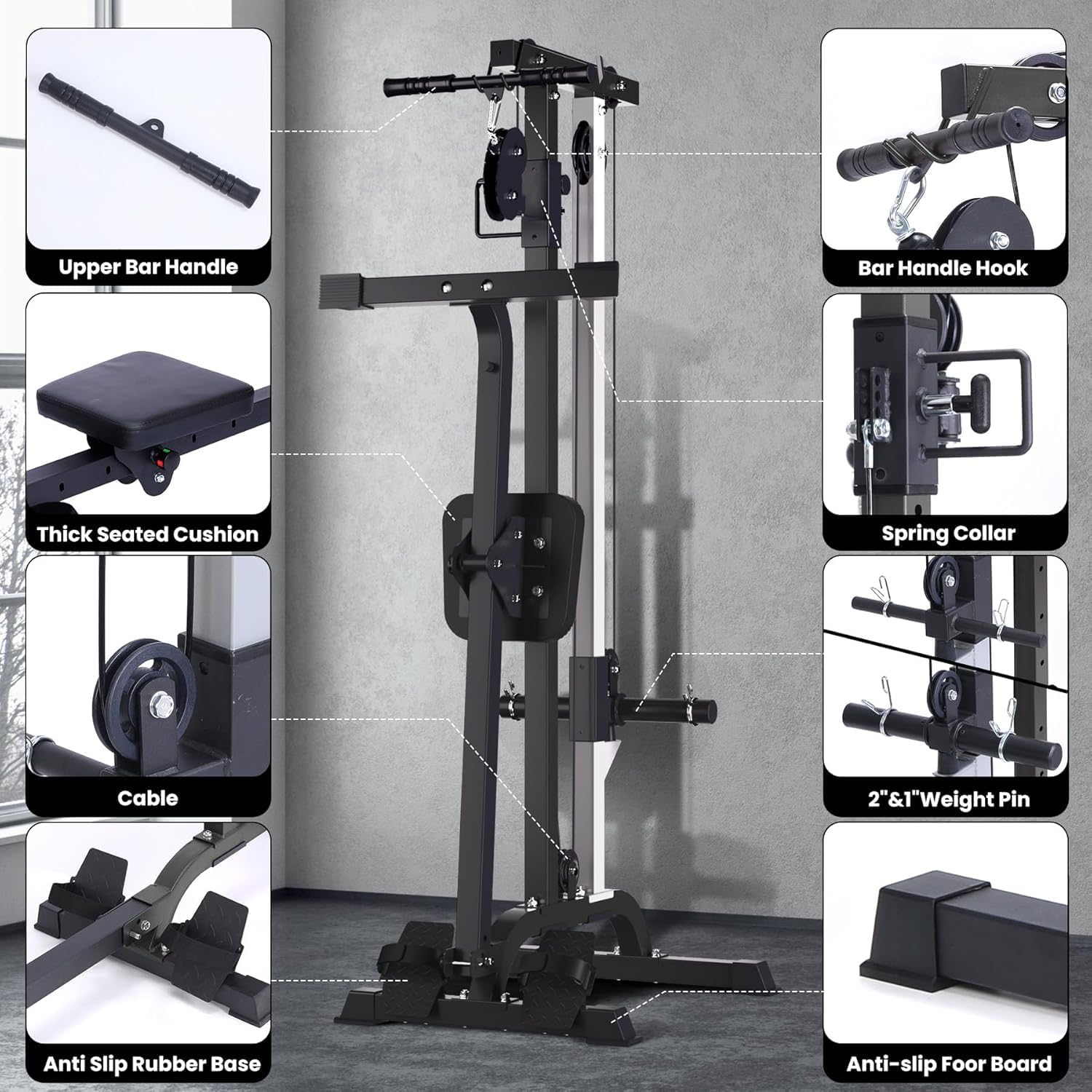 2 in 1 Rowing & Cable Machine Adjustable LAT Pull Down and Low Row Cable Machine with High and Low Pulley Stations, Multi-Function Compact Rowing Machine for Home Gym - Image 8