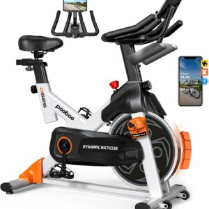 pooboo Exercise Bike, Adjustable Magnetic Resistance Stationary Bikes for Home with App Compatible, 350LB Weight Capacity Indoor Cycling Bike with Large Seat, Dumbbell Rack, Pull Cords & LCD Display,Low Noise Indoor Spin Bike for Home Gym