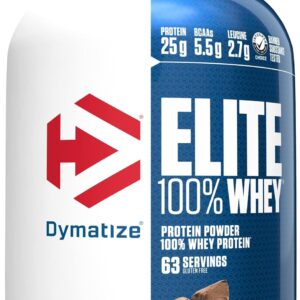 Dymatize Elite 100% Whey Protein Powder, 25g Protein, 5.5g BCAAs & 2.7 L-Leucine, Quick Absorbing & Fast Digesting for Optimal Muscle Recovery, Rich Chocolate, 5 Pound (63 Servings)