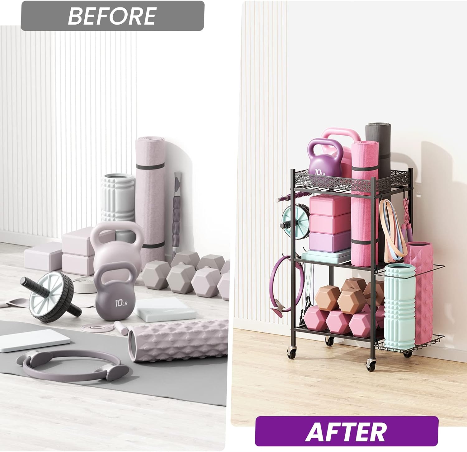 Yoga Mat Storage Rack, Home Gym Storage Rack, VOPEAK Workout Storage for Yoga Mat, Foam Roller, Gym Organizer Gym Equipment Storage for Home Exercise and Fitness Gear - Image 6