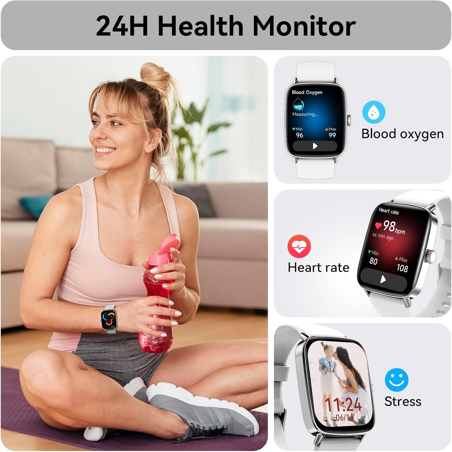 Tensky Smart Watch for Women Android & iPhone, 1.85" Touch Screen Fitness Tracker with Answer/Make Call, IP68 Waterproof 24/7 Health/Sleep Monitor, Pedometer, 100+ Sport Modes (2 Bands) - Image 5