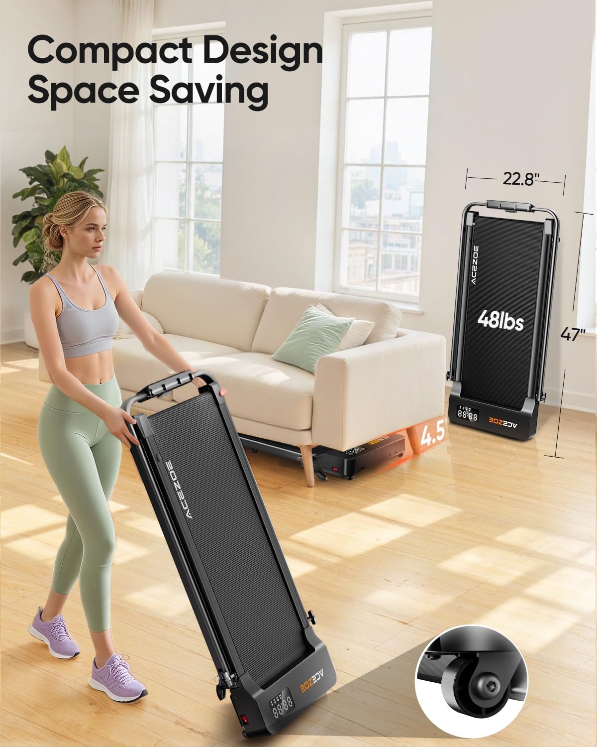 2-in-1 Foldable Treadmill with 3-Level 10% Incline, Walking Pad for Home Small Office, Compact Portable Under Desk Treadmill with Handle,Dual LED Display, APP & Remote, 300 lbs Capacity - Image 8