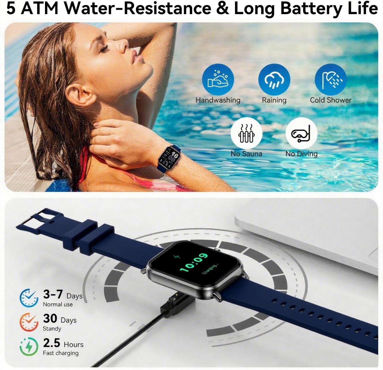 Smart Watch for Men Women, 1.83" HD Touchsreen, Bluetooth Calling, 5 ATM Water-Resistance, 130+ Sports Modes, Health, Fitness & Sleep Tracker, Timer, Fitness Watch for Android/iOS, Blue - Image 7