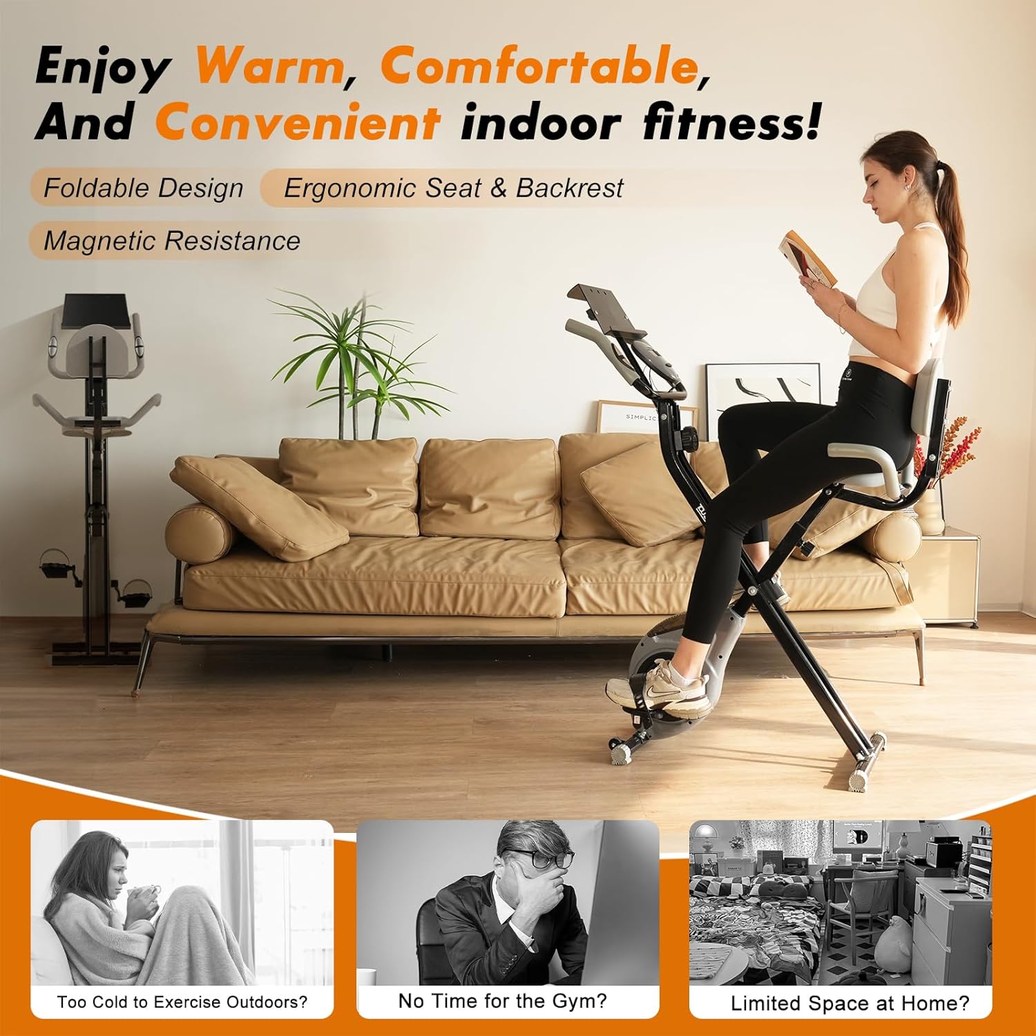 TOUSAINS Folding Exercise Bike, 8-Level Adjustable Magnetic Resistance, Portable X-Bike with Comfortable Seat Backrest, 264LB Capacity for Home Use, Compact & Foldable for Easy Storage - Image 5