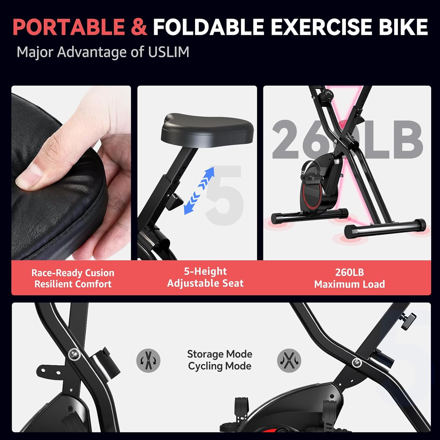 Lightweight 33LB Foldable Exercise Bike for Small Apartments, Stationary Bikes for Home Workout, Indoor Portable Cycling Bike with 16-Level Magnetic Resistance, 260LBS Capacity, 5.5 LBS Flywheel - Image 4