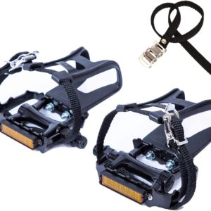 YBEKI All-Terrain Bike Pedals with Toe Clips & Adjustable Straps Dual-Purpose Resin/Alloy Bicycle Pedals 9/16″ Spindle – Indoor/Outdoor Use for Exercise/Spin/Road Bikes MTB