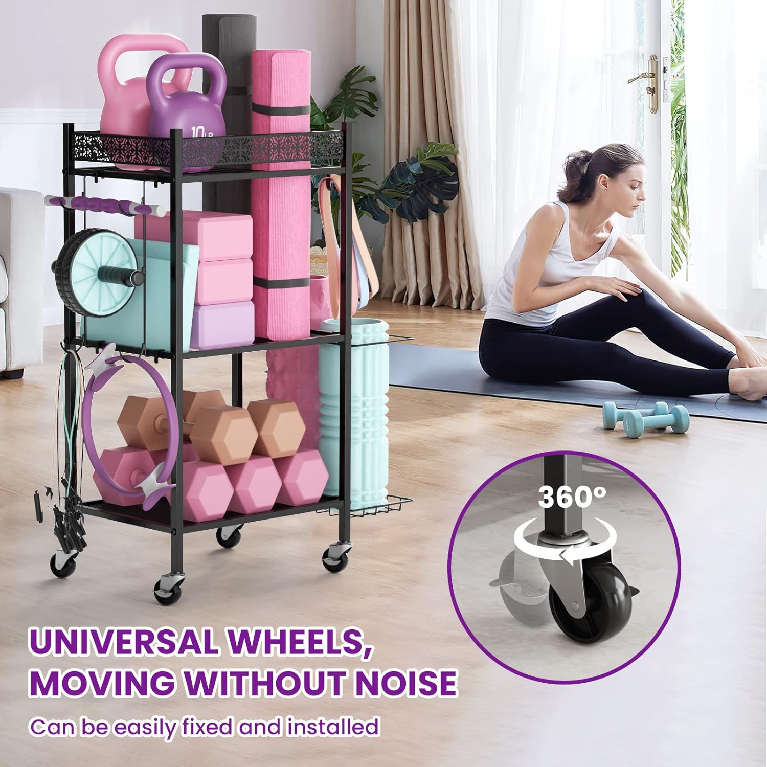 Yoga Mat Storage Rack, Home Gym Storage Rack, VOPEAK Workout Storage for Yoga Mat, Foam Roller, Gym Organizer Gym Equipment Storage for Home Exercise and Fitness Gear - Image 3