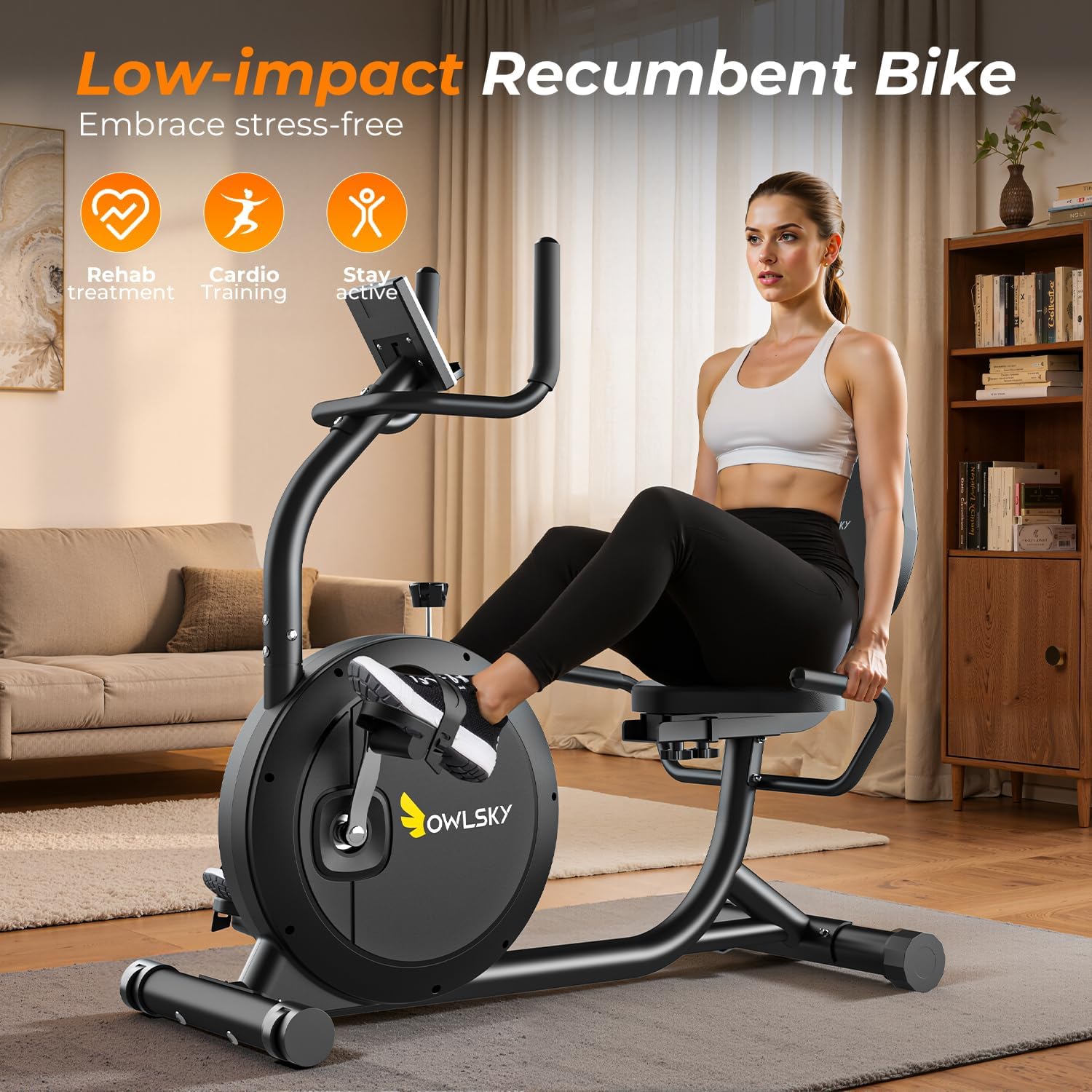 OWLSKY Recumbent Exercise Bike for Home Gym, Magnetic Stationary Bike with 16-Level Resistance, Quiet 15LBS Flywheel, 400LBS Capacity, Low-Impact Cardio & Physical Therapy - Image 4