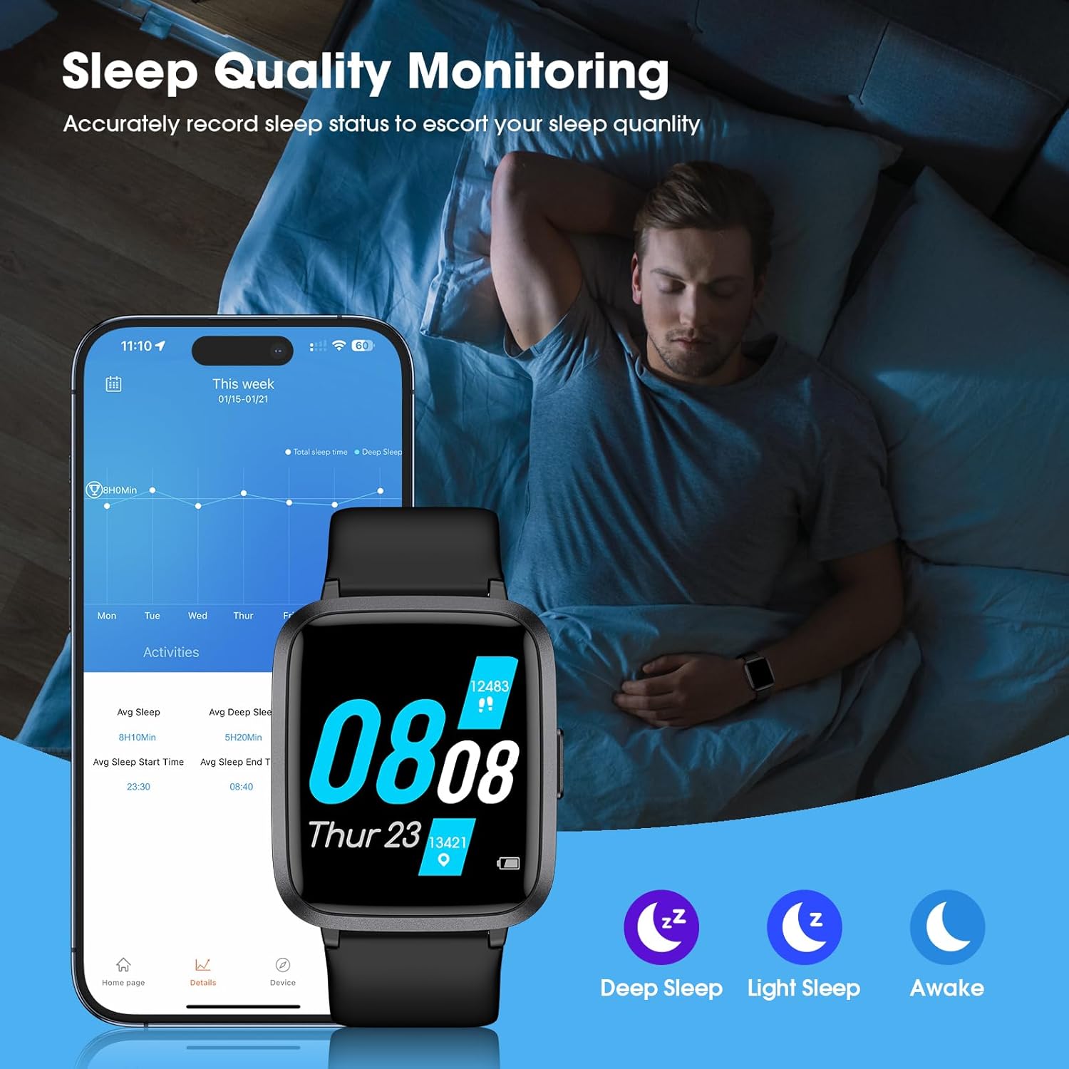 Fitness Tracker, Fitness Watch with Blood Oxygen, Blood Pressure & Heart Rate Monitor, Steps Calories Counter, Sleep Monitor, Pedometer 50 Meters Waterproof, Smart Watch for Android iPhones - Image 3