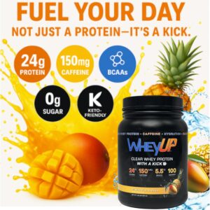 Clear Whey Isolate – 24g + 150mg Caffeine – Pineapple Mango – Clear Whey Protein Powder – Sugar-Free, Keto-Friendly – Juice-Style Pre/Post Workout Drink – 20 Servings
