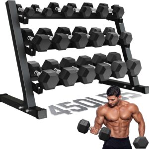Dumbbell Sets with Rack, Rubber Hex Dumbbells, 160/220/280/360/450/550LBS, Hand Weights with Chrome Handle for Strength Training