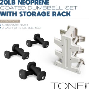 Tone Fitness Neoprene Dumbbell Set with Storage Rack – Non-Slip, Anti-Roll Hand Weights for Home Gym Workouts | 20 lb, 32 lb, 50 lb, 60 lb & 100 lb Options