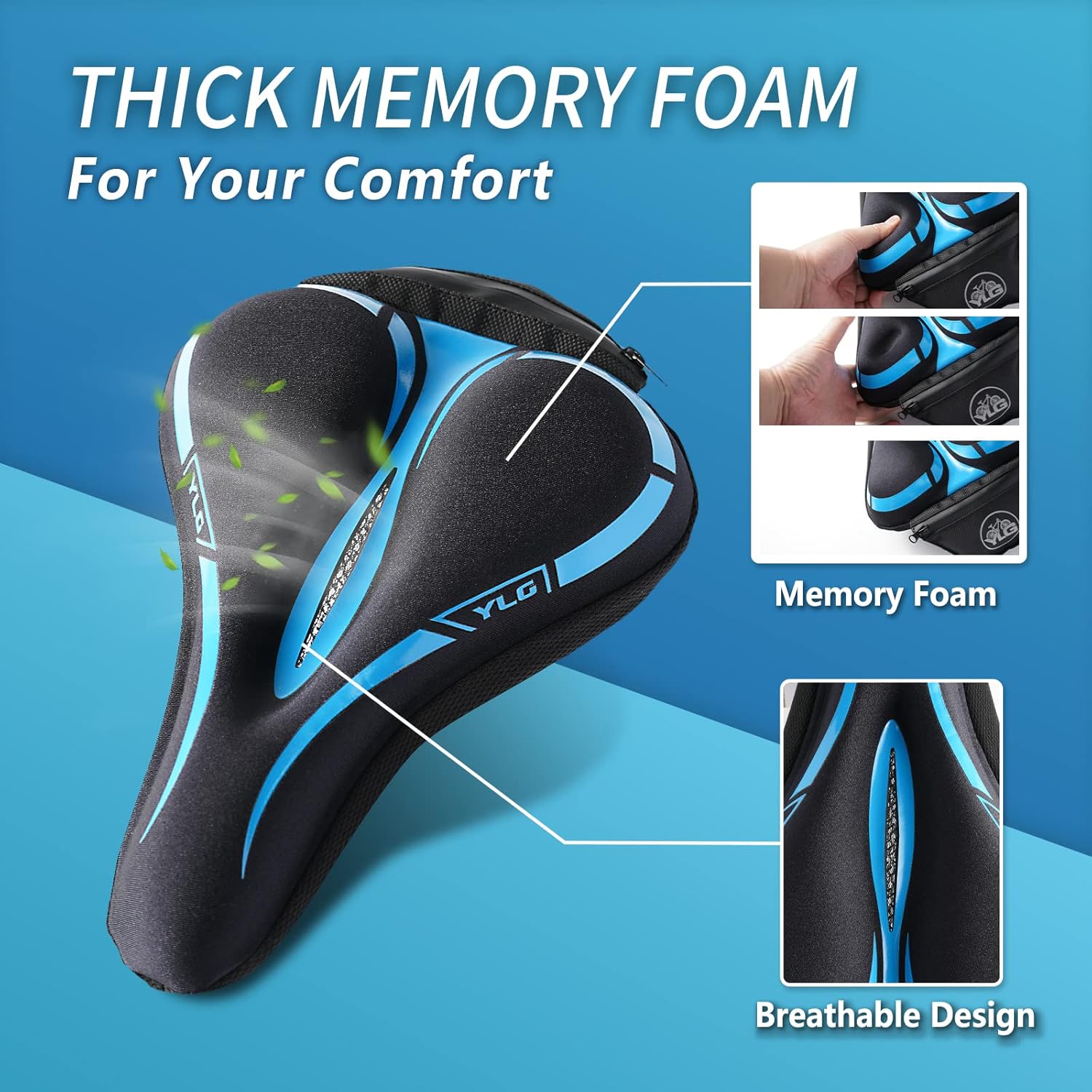 YLG Bike Seat Cover, Memory Foam & Gel Bike Seat Cushion Cover for Men Women, Comfortable Bicycle Seat Cover for Peloton/Fixed/Cruiser/Indoor/Outdoor Bike seat with Waterproof Cover - Image 3