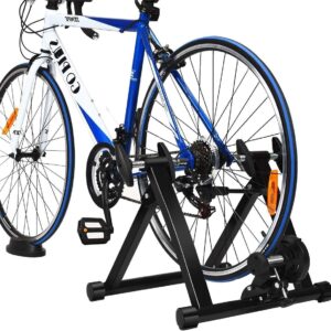 Bike Trainer Stand, Stationary Bike Stand for Indoor Riding, Steel Bicycle Exercise Magnetic Stand for 26-28” Wheels with Front Wheel Riser, Quick Release Folding Exercise Bike Stand Trainers