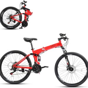 Folding Mountain Bike, 26/27.5″ Women’s & Men’s Bicycle, 21 Speed Foldable Bike for Adults with Dual Suspension, Dual Disc Brake, Adjustable Saddle & Precision Twist Shifting