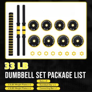 Adjustable Weights Set for Home Gym, 33/44 Lb 2-In-1 Adjustable Dumbbell Set with Foam Handles, Yellow