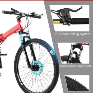 Folding Mountain Bike, 26/27.5″ Women’s & Men’s Bicycle, 21 Speed Foldable Bike for Adults with Dual Suspension, Dual Disc Brake, Adjustable Saddle & Precision Twist Shifting