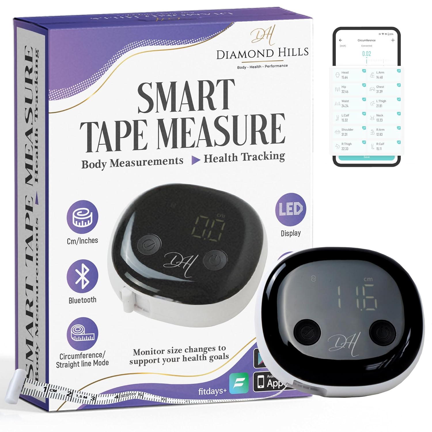 Diamond Hills Rechargeable Smart Body Tape Measure, Measuring Tape for Weight Loss, 60in/150cm, Bluetooth Body Measurement with App, Fitness Measurement Device for Muscle Gain, Waist