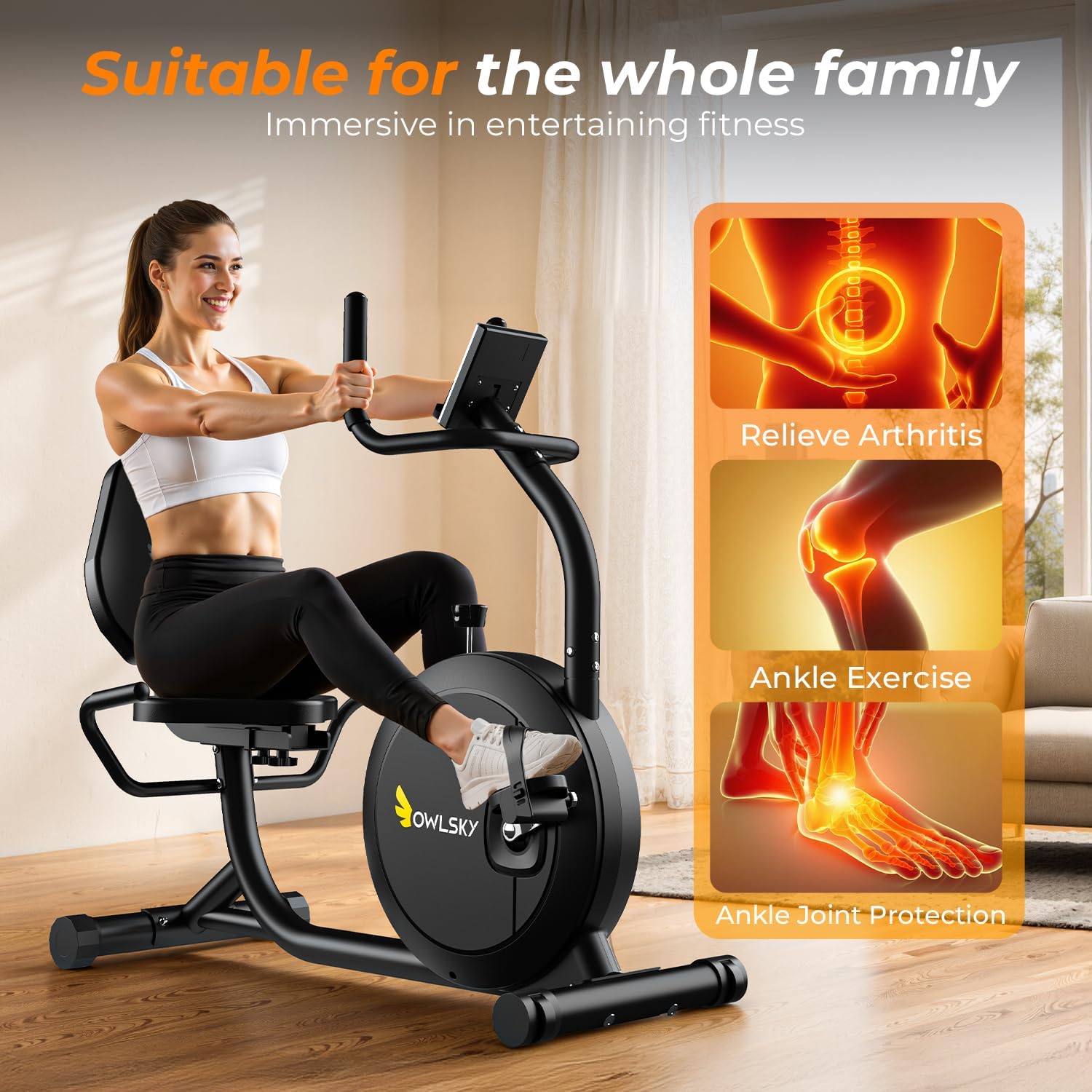 OWLSKY Recumbent Exercise Bike for Home Gym, Magnetic Stationary Bike with 16-Level Resistance, Quiet 15LBS Flywheel, 400LBS Capacity, Low-Impact Cardio & Physical Therapy - Image 6