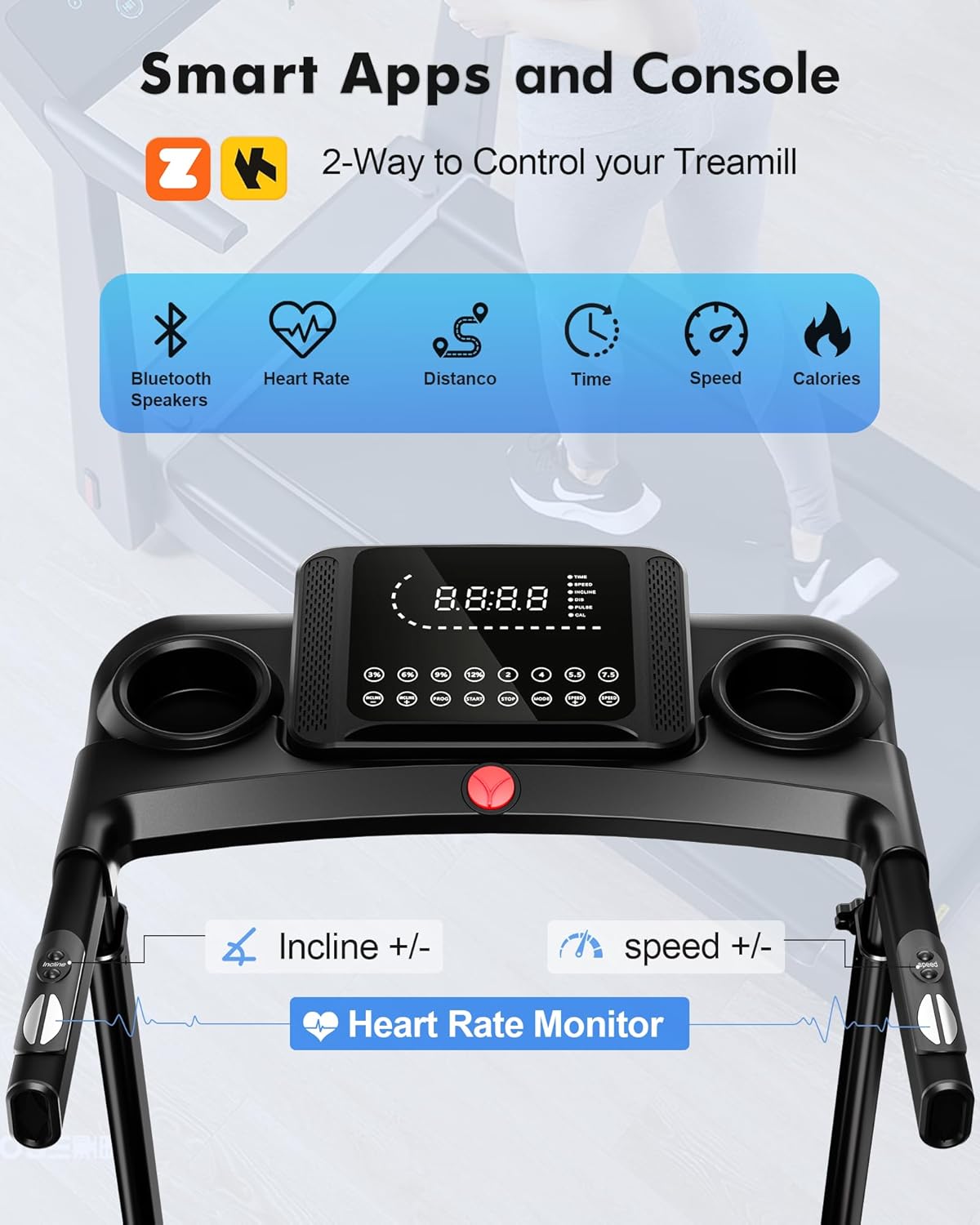 Walking Pad Treadmill with15% Auto Incline, Folding Treadmills for Home, 350LBS Capacity, Portable Treadmill with Multi-Function Console, Heart-Rate and Speaker - Image 2