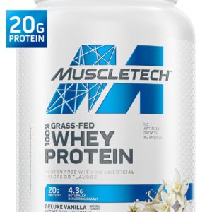 Muscletech Grass-Fed Whey Protein Powder (Deluxe Vanilla, 1.8LB) – Whey Protein Smoothie & Milk Shake Mix Supports Muscle Gain & Recovery – 20g of Whey Protein for Women & Men – Non-GMO & Gluten-Free