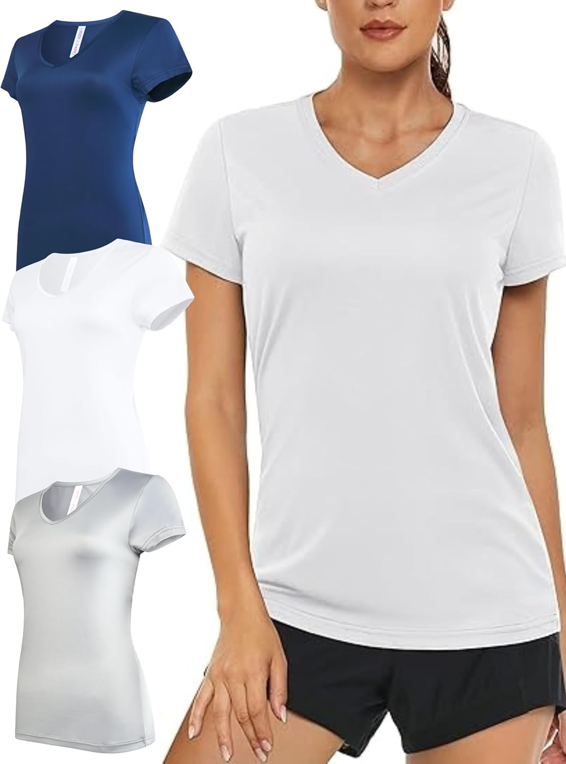 Women's V-Neck Activewear T-Shirts 3 Pack Athletic Womens Short Sleeve Workout Tops Dry Fit Shirt Gym & Yoga Tees for Women