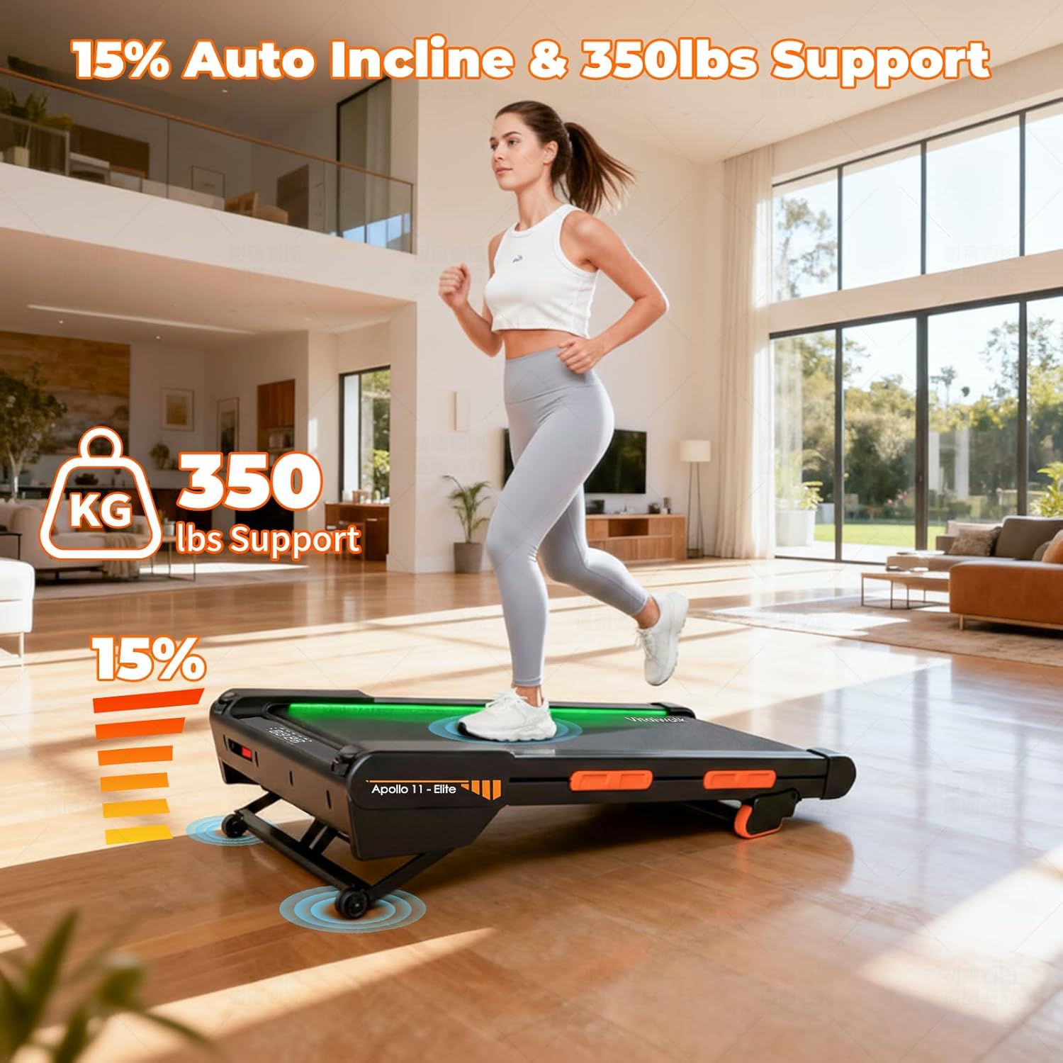 Walking Pad Treadmill with Auto Incline 15%, Vitalwalk Full Deck 40"x16", 350lbs Capacity, 3.0HP Brushless, Portable Under Desk Treadmills for Home Office, Upright Space-Saving, Ambient Light, APP - Image 3