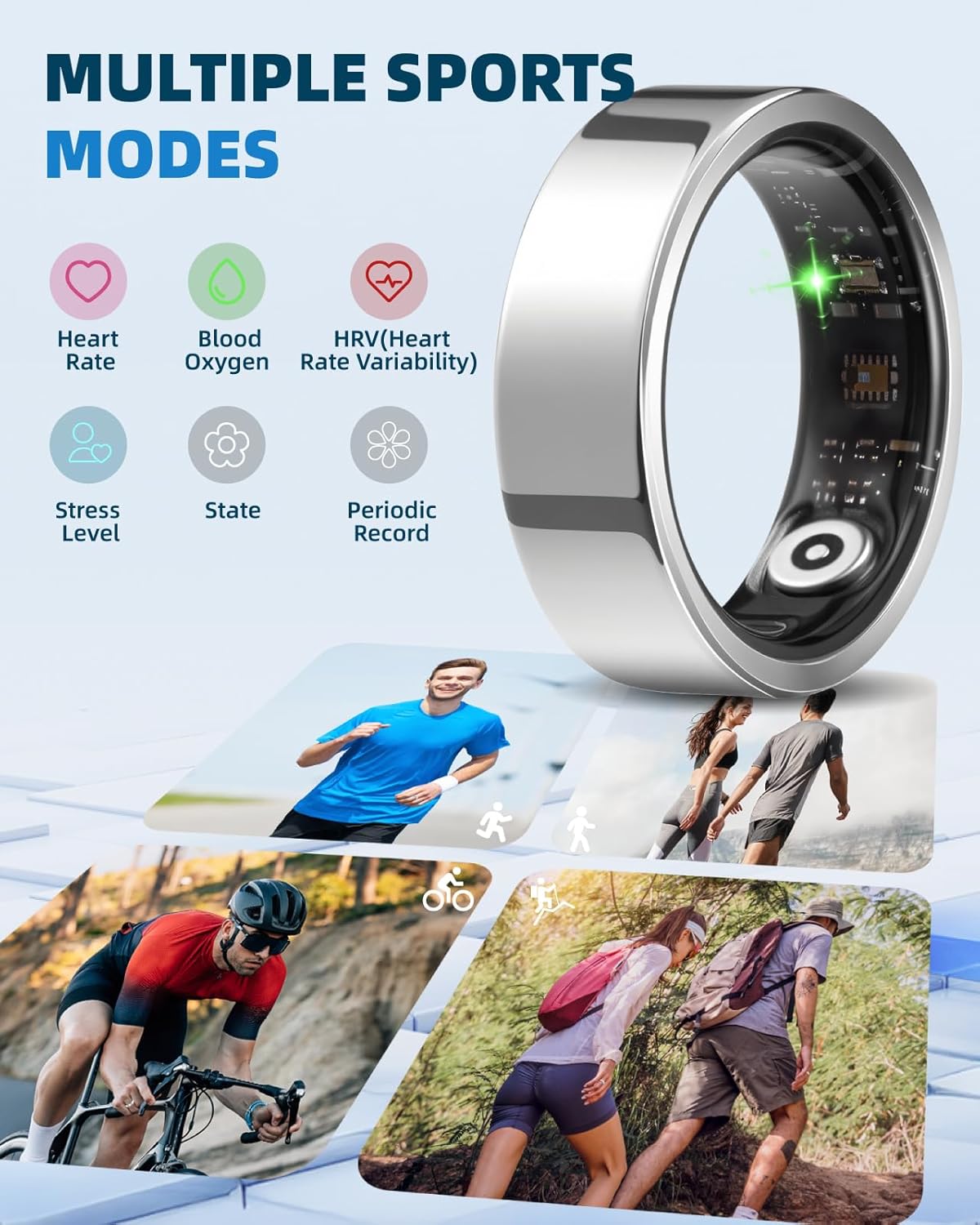 Smart Ring for Women Men Fitness Ring with Step Counting, Heart Rate, Blood Oxygen, Pressure Monitoring, Sleep Monitoring, IP68 Waterproof for iPhone and Android, No Subscription Fee,Silver 7# - Image 3