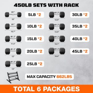 Dumbbell Sets with Rack, Rubber Hex Dumbbells, 160/220/280/360/450/550LBS, Hand Weights with Chrome Handle for Strength Training
