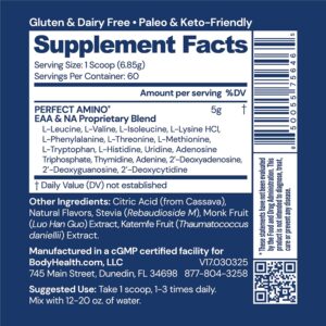 BodyHealth PerfectAmino Powder – BCAA and EAA Powder for Pre and Post Workout – Amino Acid Energy Drink for Men and Women to Support Lean Muscle and Recovery – Lemon Lime – 60 Servings