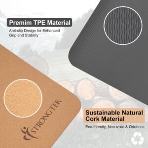 StrongTek Eco-Friendly Cork Yoga Mat, 7mm Thick, 72″x24″, Cork+TPE, 2 lbs, Non-Slip, Lightweight & Cushioned Mat for Hot Yoga, Pilates & Home Fitness, Durable Surface with Natural Grip and Carry Strap