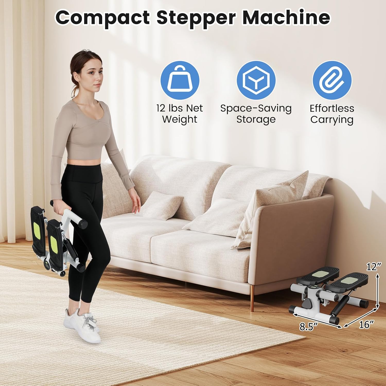GYMAX Steppers for Exercise at Home, Hydraulic Mini Stair Stepper with Resistance Bands & LCD Monitor, Portable Under Desk Cardio Equipment Step Machine for Home Gym - Image 6