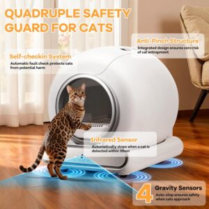 Self Cleaning Cat Litter Box, 65 L+ 9L Automatic Litter Box Self Cleaning for Multiple Cats, Safety Sensors, Quiet Operation, APP Control, 2 Sifters Included, 2 Rolls Cat Litter Box Liners