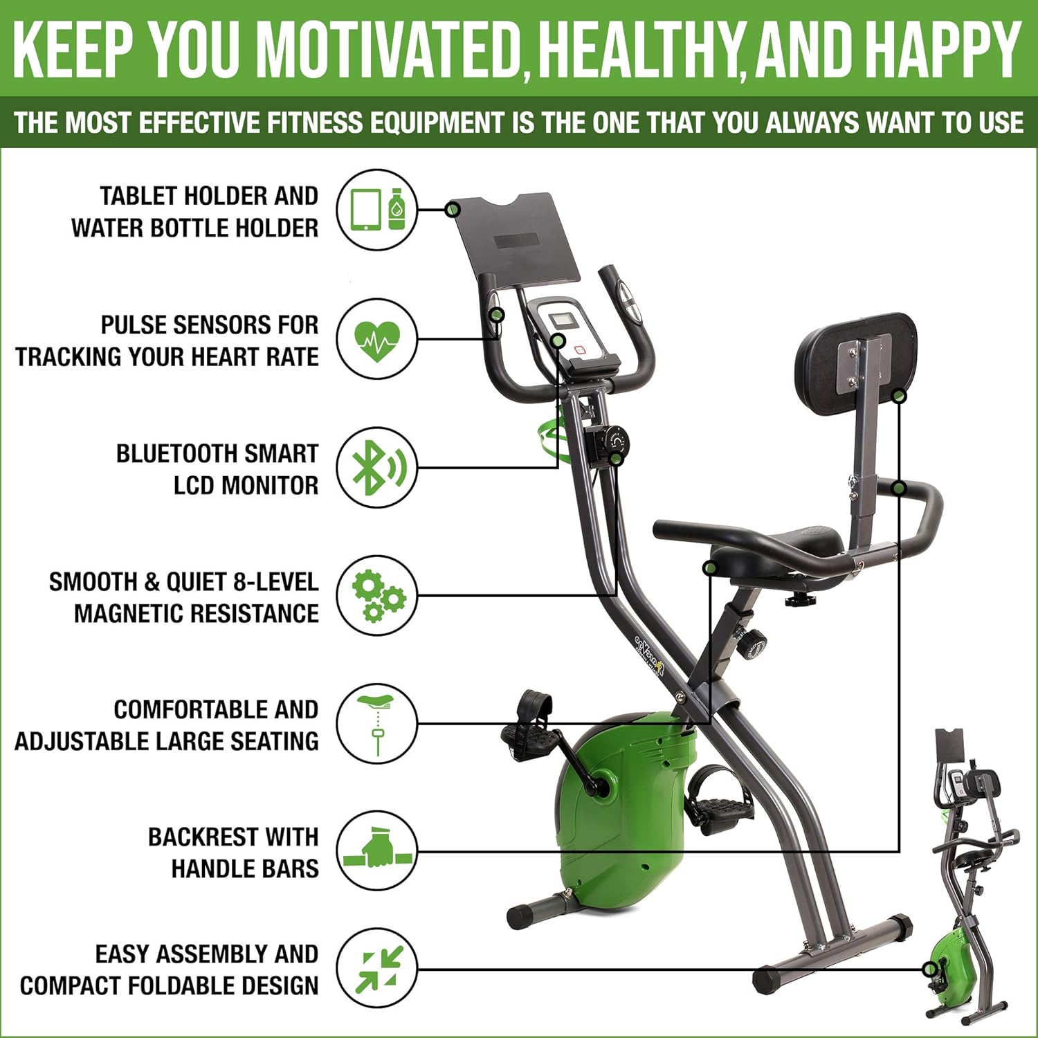 ShareVgo Bluetooth Smart Folding Semi Recumbent Magnetic Upright Exercise Bike with free APP for Indoor Bike Workout Log and Track, Backrest, Pulse Sensors and Tablet Holder - SXB1000 - Image 2