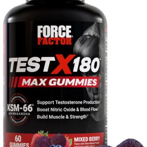 Force Factor Test X180 Max Gummies, Testosterone Booster Supplement for Men, with KSM-66 Ashwagandha to Support T Levels, Strength & Vitality, Mixed Berry, 60 Gummies
