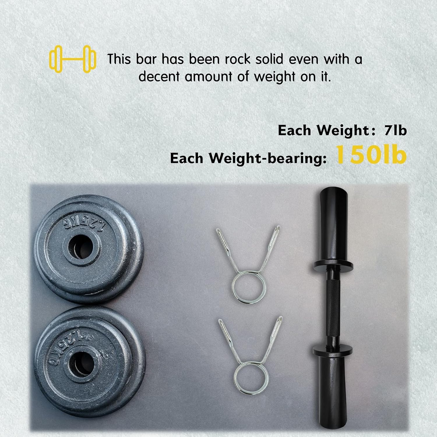 16" Olympic Dumbbell Handles, Loadable Dumbbells Bar Sets (150LBS Weight Capacity), Compatible with 2’’ Standard Plates, 2 Pair of Spring Collars Included - Image 3