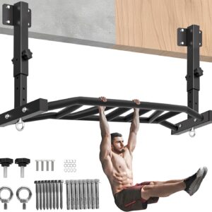 48″ Joist Mounted Pull Up Bar, 600LBS Heavy Duty Multi Grip Ceiling Mount Chin Up Bar, Ceiling Beam for Home Gym/Garage/Basement with 5-Height Adjustable& Round Anchors, Easy to Install